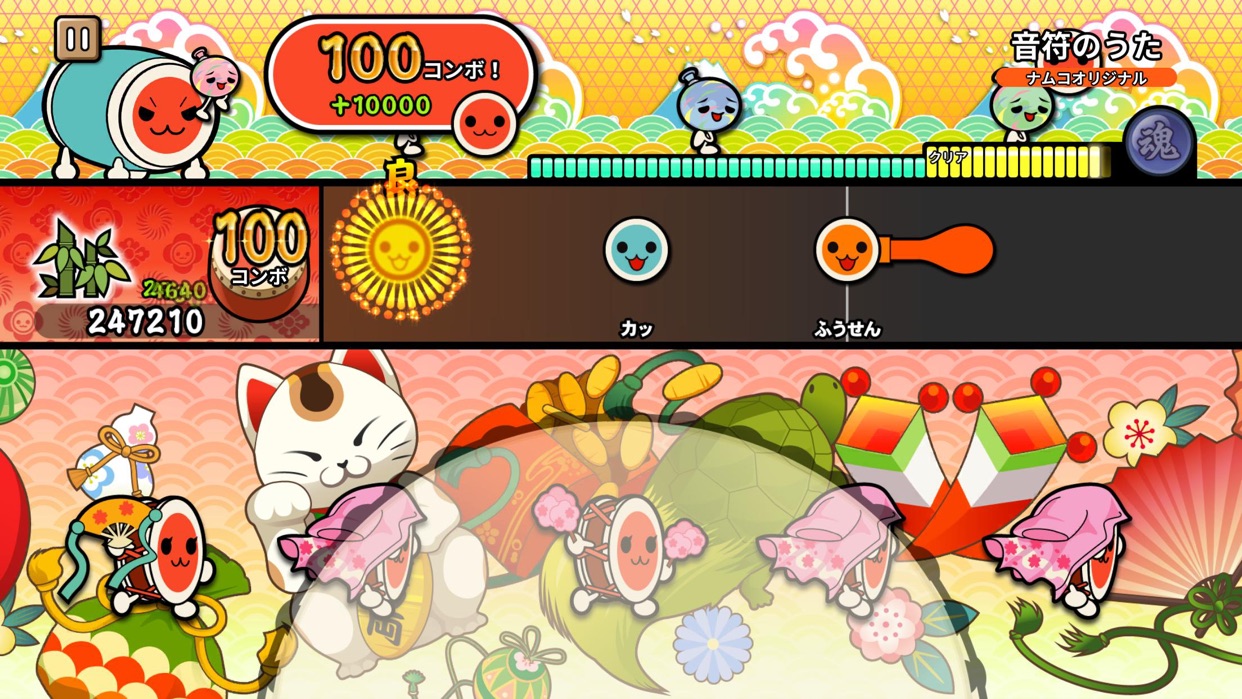 太鼓の達人 Pop Tap Beat 招き猫を背景に100コンボを達成した演奏画面