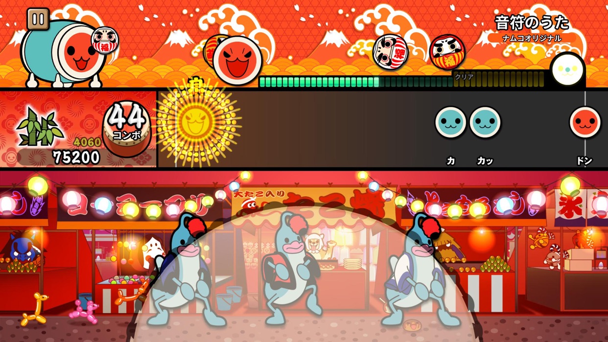 太鼓の達人 Pop Tap Beat 縁日の屋台を背景にした演奏中の画面