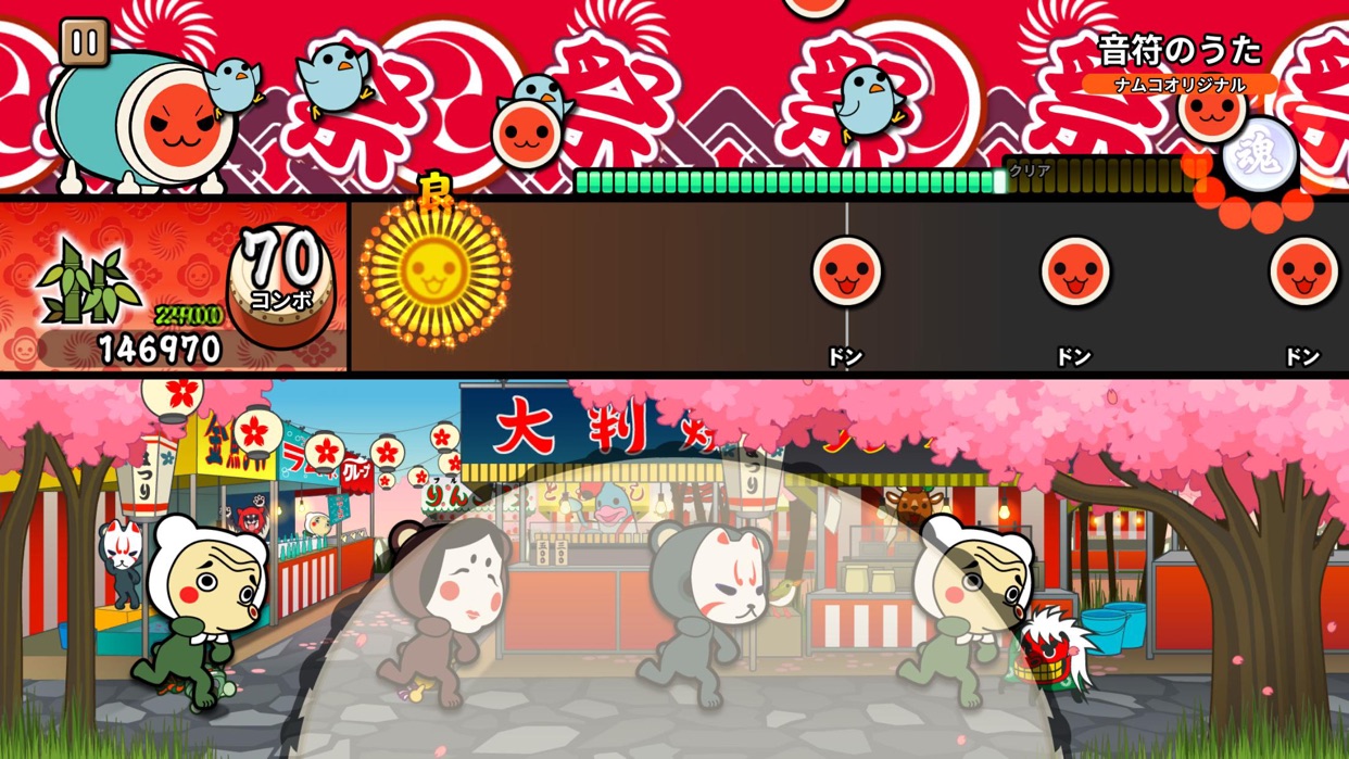 太鼓の達人 Pop Tap Beat 桜が舞う縁日を背景にした演奏画面
