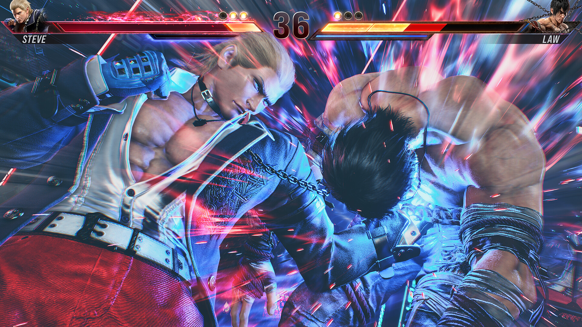 鉄拳8 スティーブとロウの打ち合い、ヒートゲージが発動している対戦画面