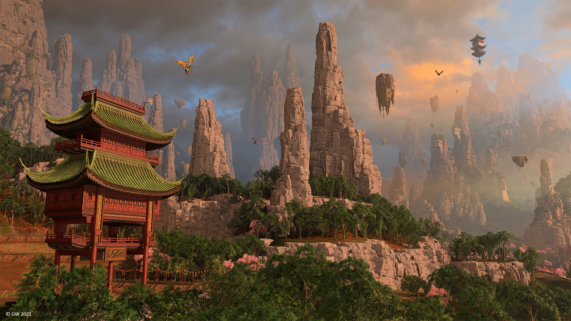 トータルウォー：ウォーハンマーIII 浮遊する岩山と楼閣がそびえる幻想的なマップの一角