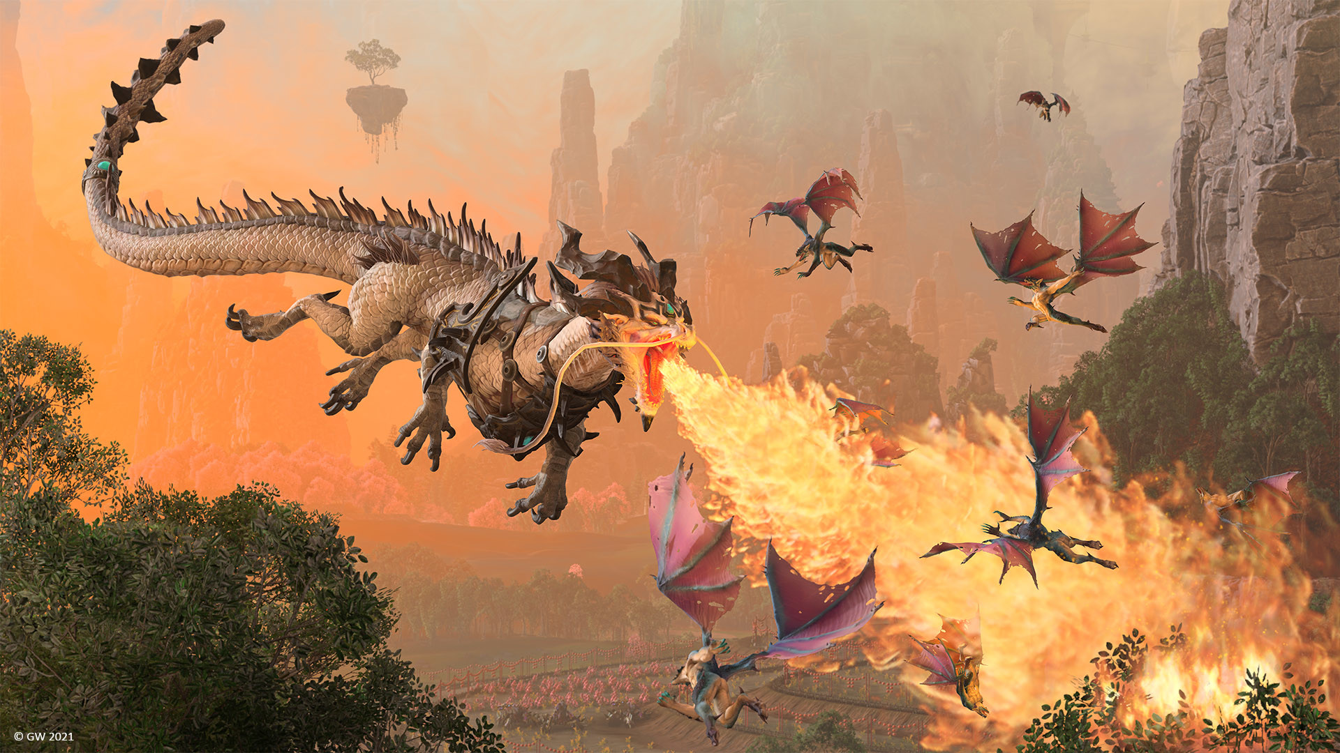 トータルウォー：ウォーハンマーIII 巨大な竜が炎を吐き敵の飛行ユニットを蹴散らすリアルタイム合戦の様子