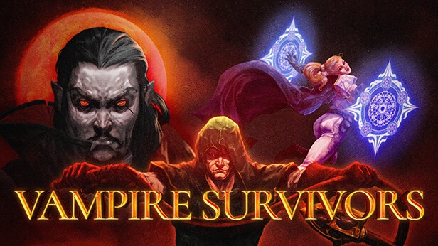 Vampire Survivors 公式カプセル画像、ドラキュラと戦うキャラクターの背景にタイトルロゴが大きく配置されている