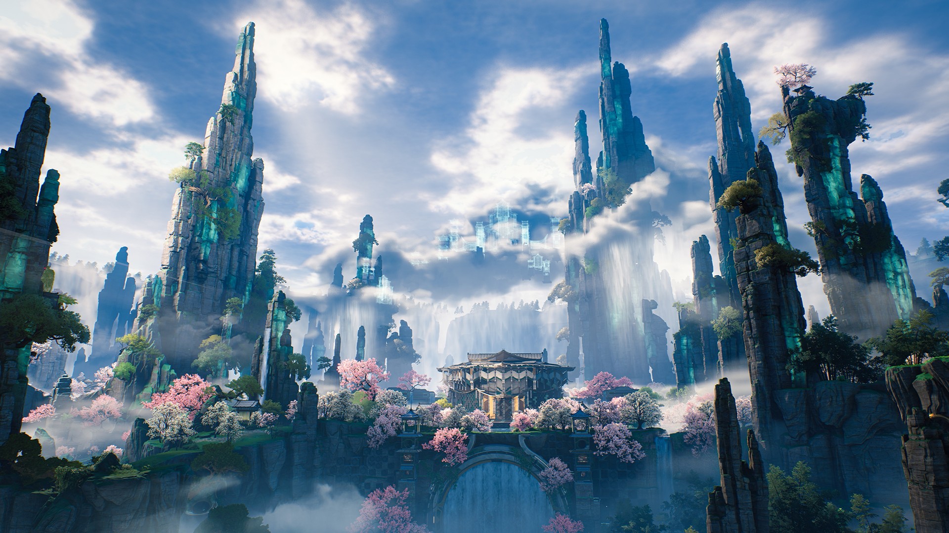 鳴潮の幻想的な世界観を表す渓谷と桜が広がる風景