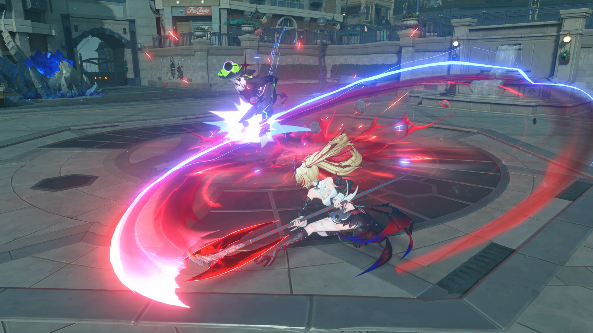 赤いエフェクトを纏った必殺技で敵を斬り伏せる戦闘シーン