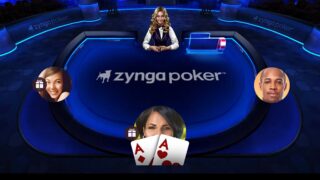 Zynga Poker Texas Holdemの公式ロゴが中央に大きく配置されたテーブル画像