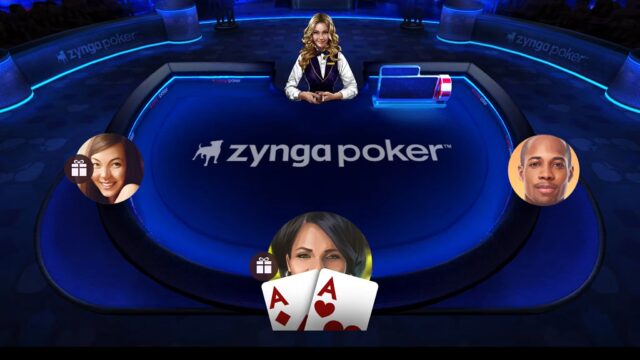 Zynga Poker Texas Holdemの公式ロゴが中央に大きく配置されたテーブル画像