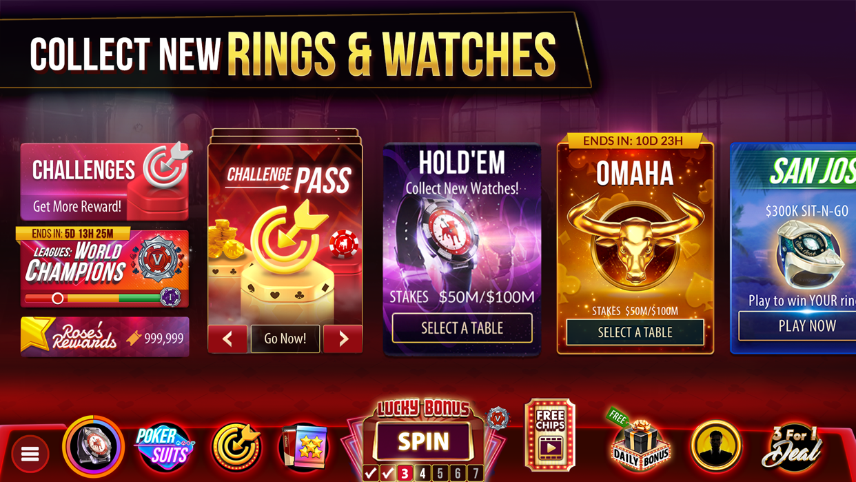 Zynga Pokerのリングやウォッチなどのコレクション・チャレンジ画面