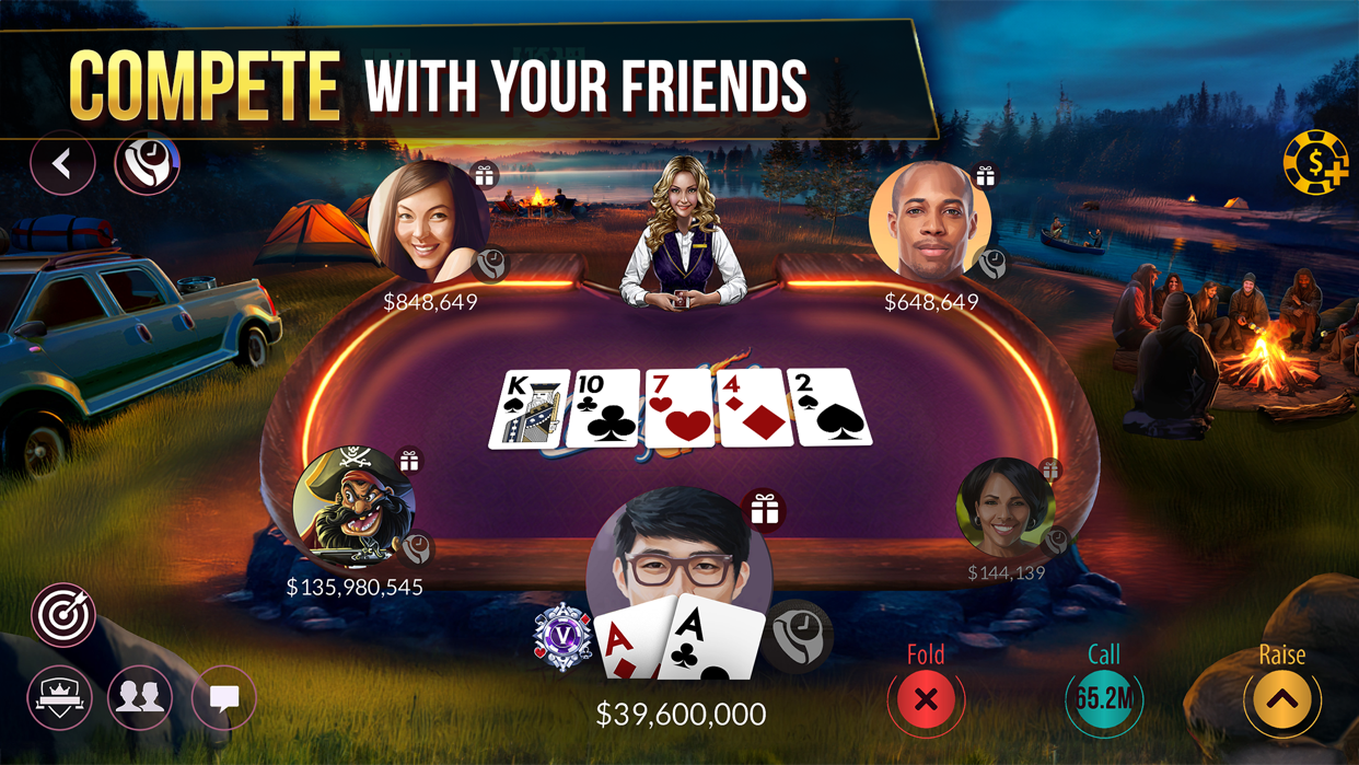Zynga Pokerのフレンド対戦テーブル画面、キャンプ場を舞台にしたテーブルデザイン