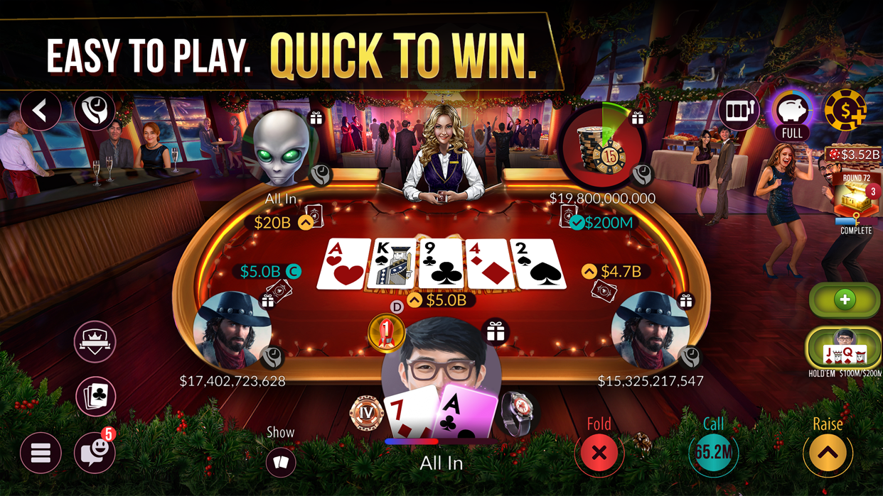 Zynga Pokerのショーダウン画面、コミュニティカードとオールインの駆け引きシーン