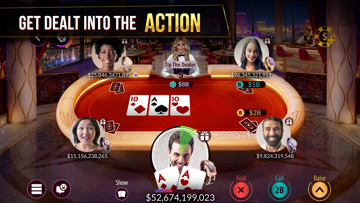 Zynga Pokerのテーブル画面、ポケットエースを持って対戦相手と駆け引きしている様子