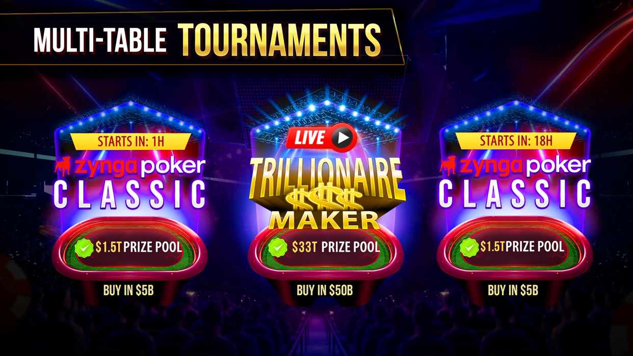 Zynga Pokerのマルチテーブルトーナメント選択画面、複数の賞金プールが表示されている